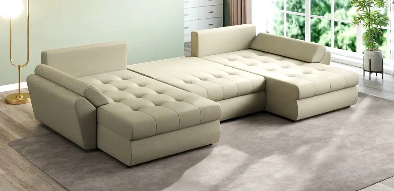 Colțar extensibil dumonde cu ladă de depozitare si sezut confortabil din spuma high-density, Loana U Enjoy Camel 355x185 cm