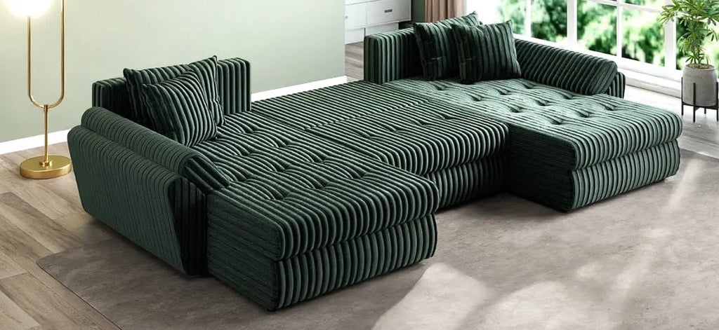 Colțar extensibil dumonde cu ladă de depozitare si sezut confortabil din spuma high-density, Loana U Ambience Green 355x185 cm