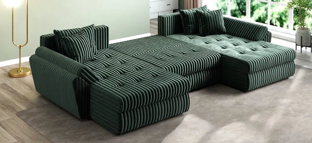 Colțar extensibil dumonde cu ladă de depozitare si sezut confortabil din spuma high-density, Loana U Ambience Green 355x185 cm