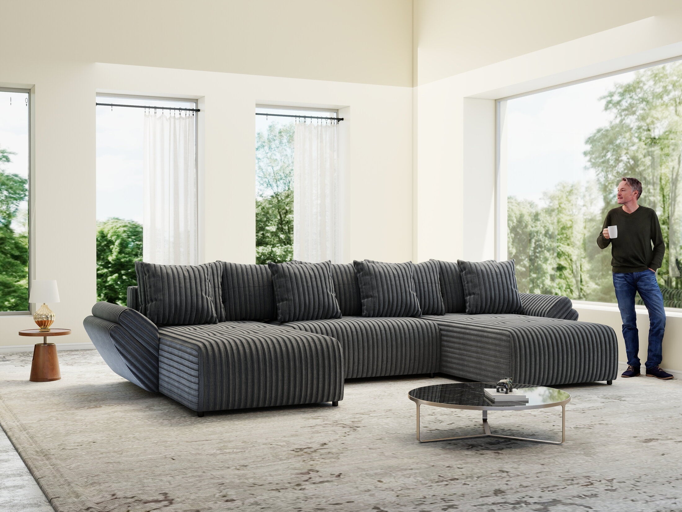 Colțar extensibil dumonde cu ladă de depozitare si sezut confortabil din spuma high-density, Berlin U Ambience Grey 380x180 cm