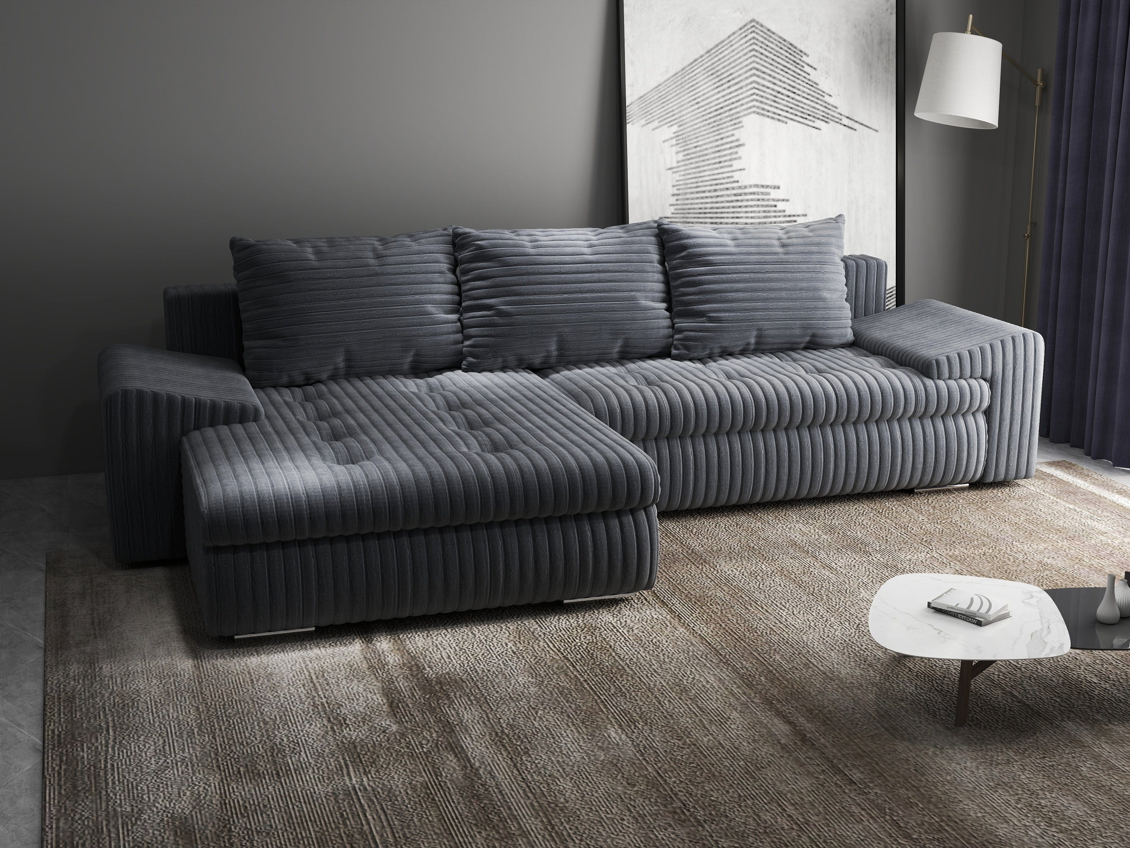 Colțar extensibil dumonde cu ladă de depozitare si sezut confortabil din spuma high-density, Leonardo Ambience Gri 260x185 cm