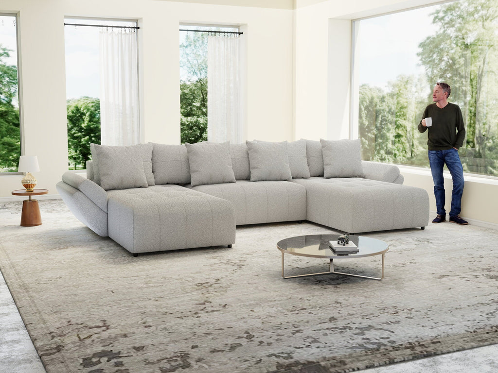 Colțar extensibil dumonde cu ladă de depozitare si sezut confortabil din spuma high-density, Berlin U Euphoria Dove 380x180 cm