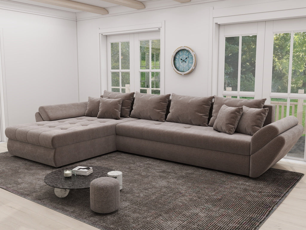 Colțar extensibil dumonde cu ladă de depozitare si sezut confortabil din spuma high-density, Loana XL Vibe Maro 335x185 cm