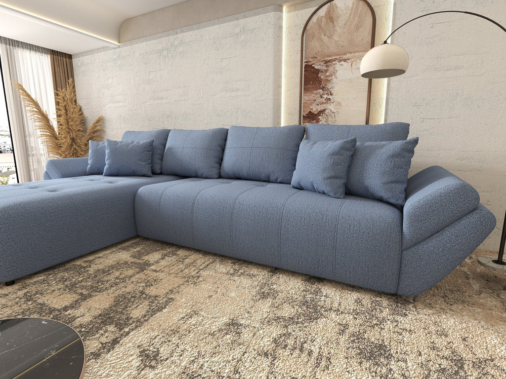 Colțar extensibil dumonde cu ladă de depozitare si sezut confortabil din spuma high-density, Berlin XL Enjoy Blue 350x185 cm