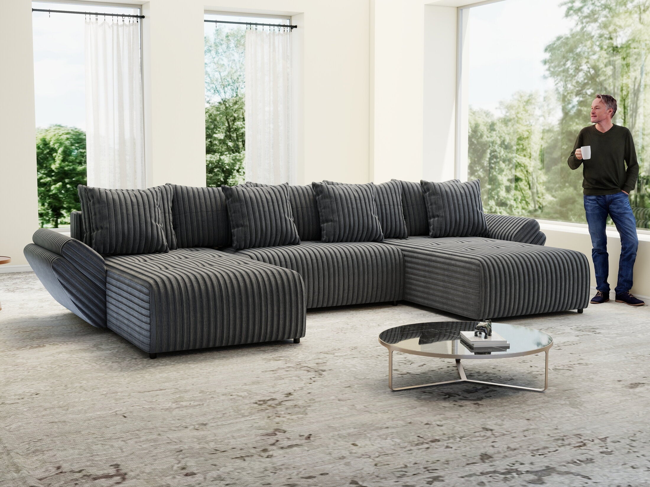 Colțar extensibil dumonde cu ladă de depozitare si sezut confortabil din spuma high-density, Berlin U Ambience Grey 380x180 cm