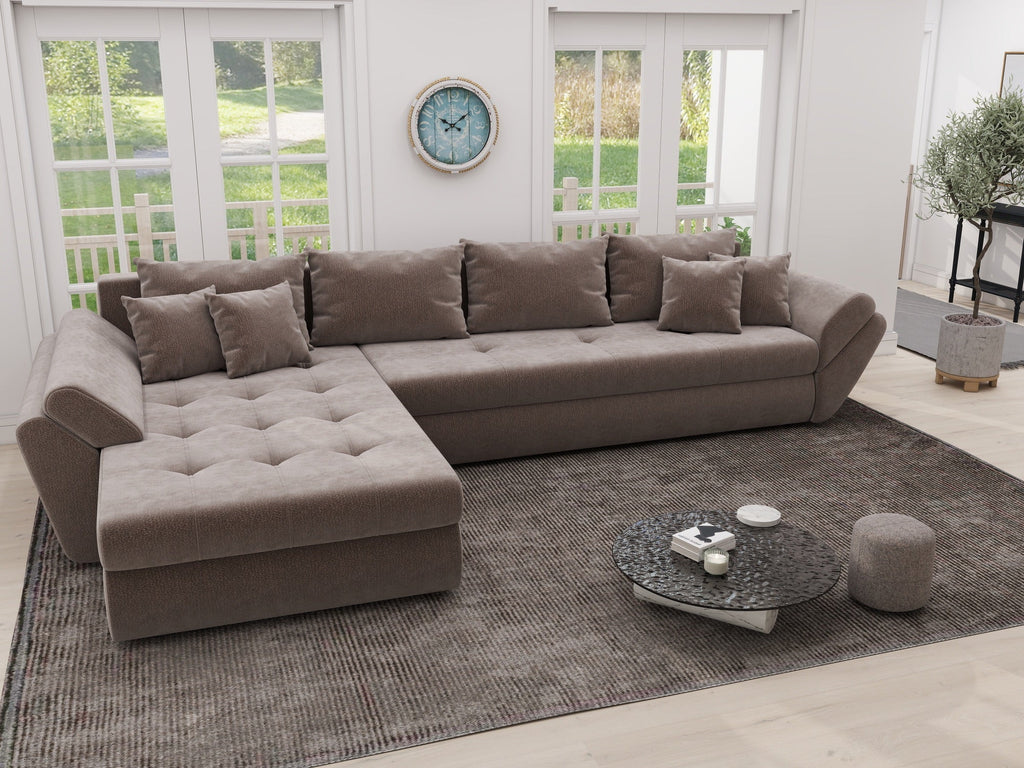 Colțar extensibil dumonde cu ladă de depozitare si sezut confortabil din spuma high-density, Loana XL Vibe Maro 335x185 cm