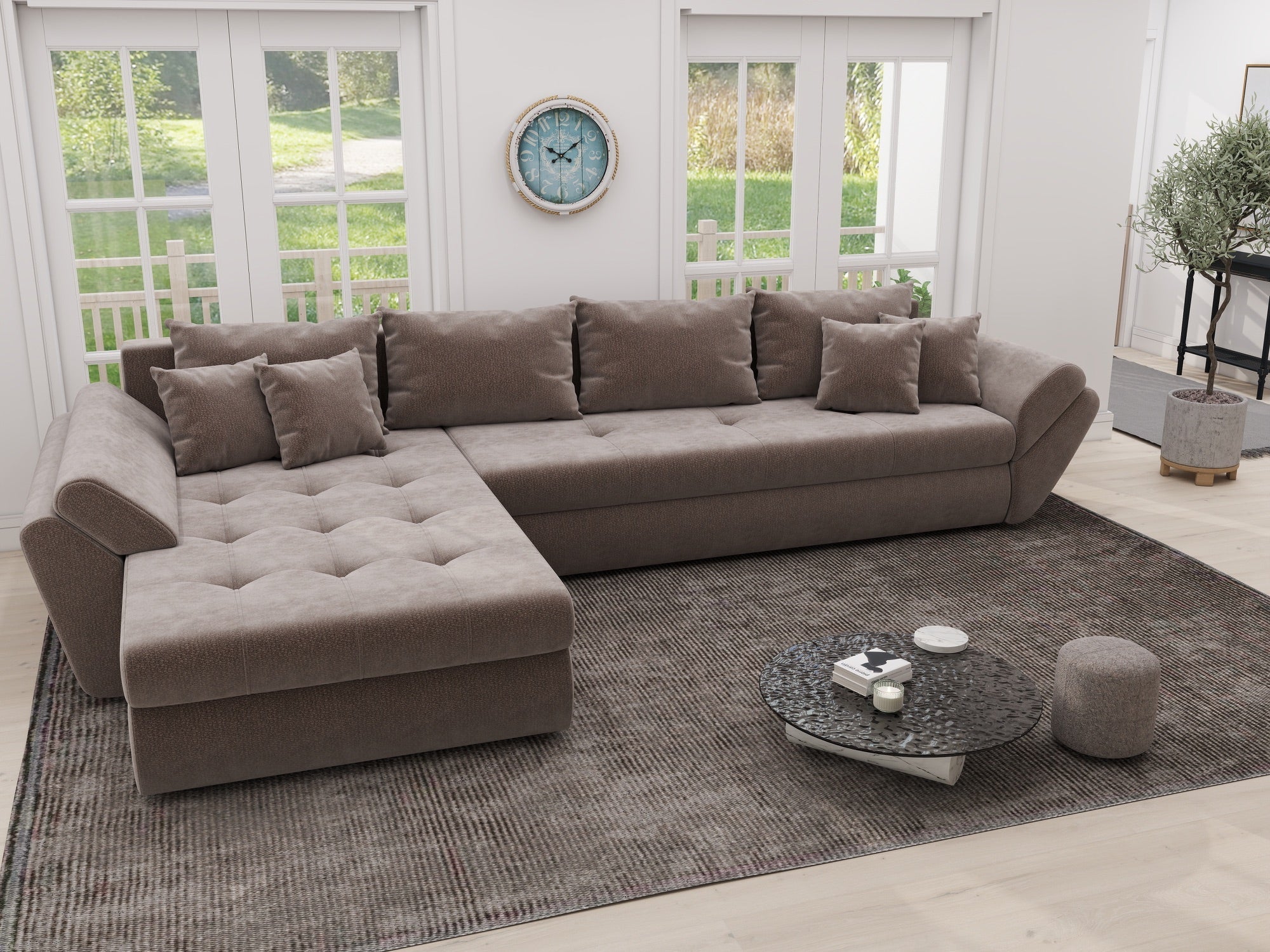Colțar extensibil dumonde cu ladă de depozitare si sezut confortabil din spuma high-density, Loana XL Vibe Maro 335x185 cm