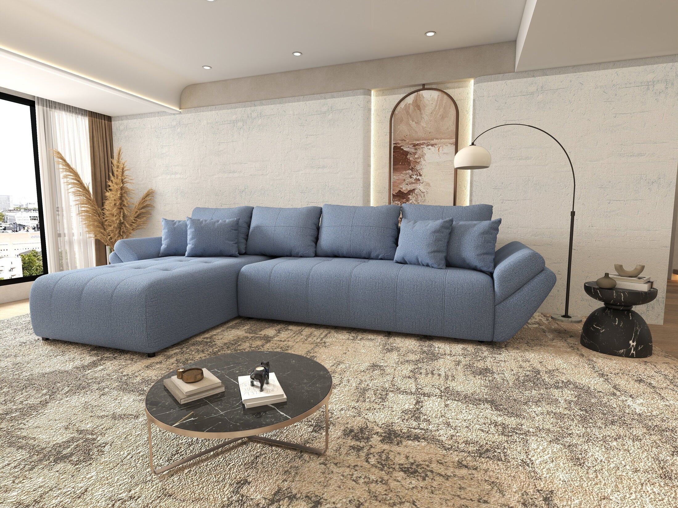 Colțar extensibil dumonde cu ladă de depozitare si sezut confortabil din spuma high-density, Berlin XL Enjoy Blue 350x185 cm