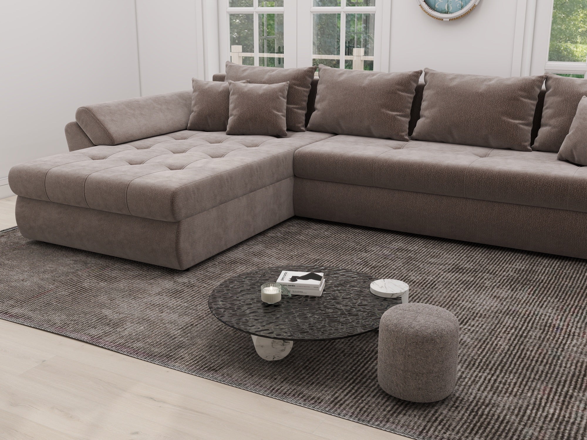 Colțar extensibil dumonde cu ladă de depozitare si sezut confortabil din spuma high-density, Loana XL Vibe Maro 335x185 cm