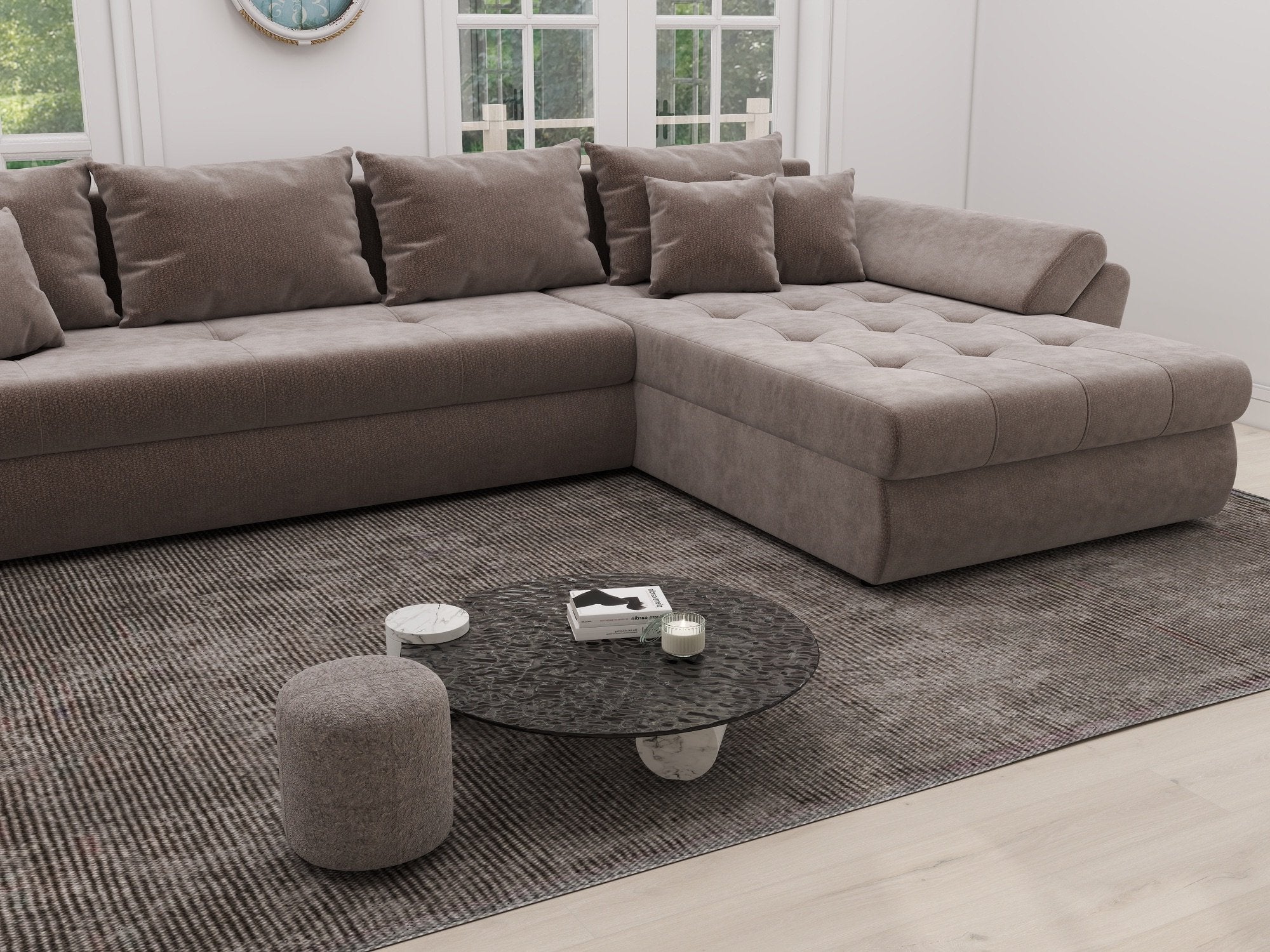 Colțar extensibil dumonde cu ladă de depozitare si sezut confortabil din spuma high-density, Loana XL Vibe Maro II 335x185 cm