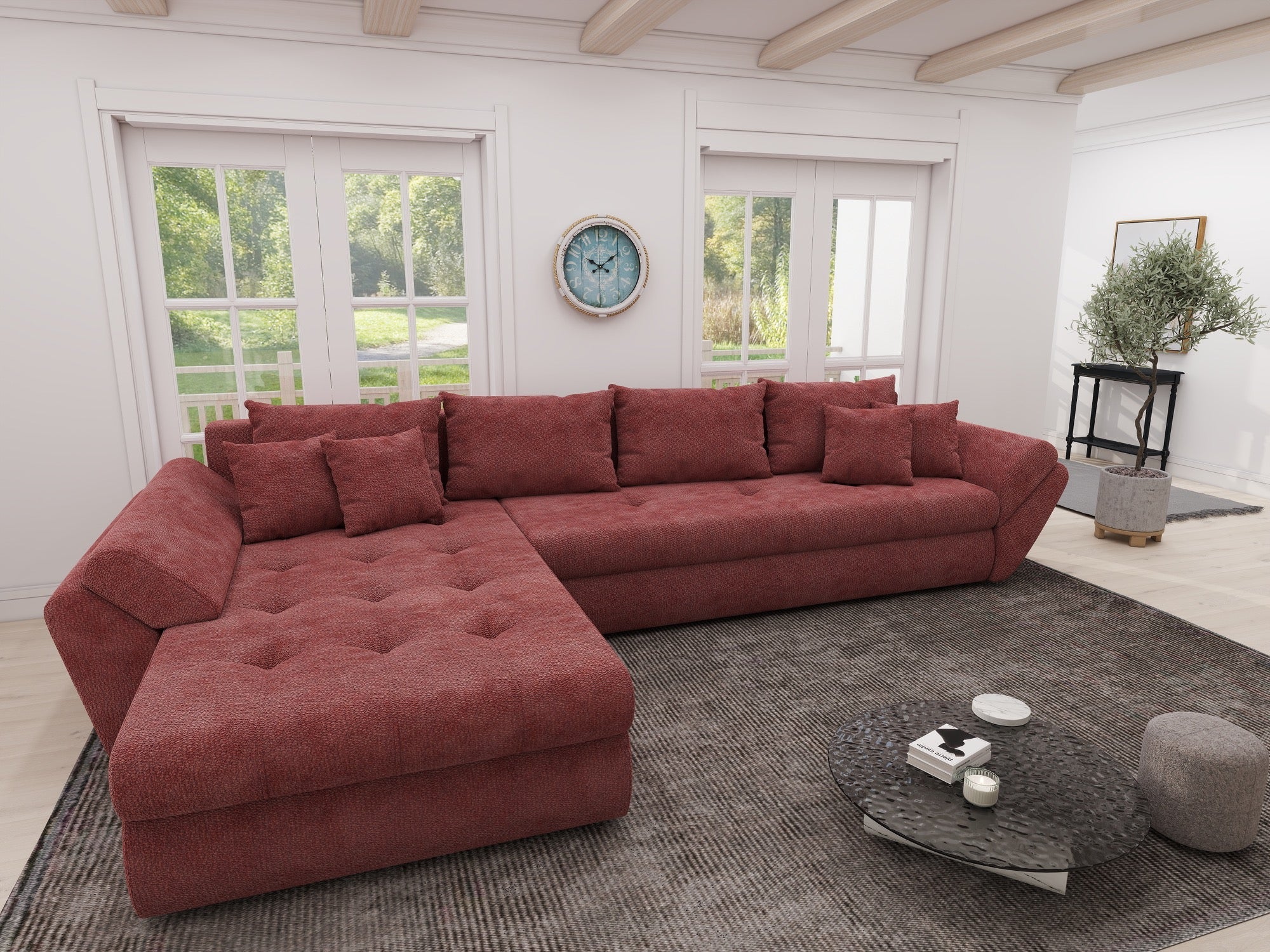 Colțar extensibil dumonde cu ladă de depozitare si sezut confortabil din spuma high-density, Loana XL Vibe Rosu 335x185 cm