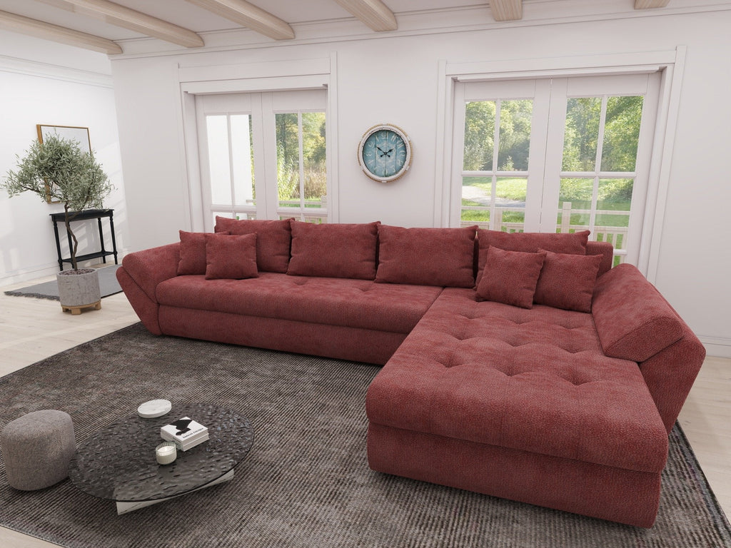 Colțar extensibil dumonde cu ladă de depozitare si sezut confortabil din spuma high-density, Loana XL Vibe Rosu II 335x185 cm