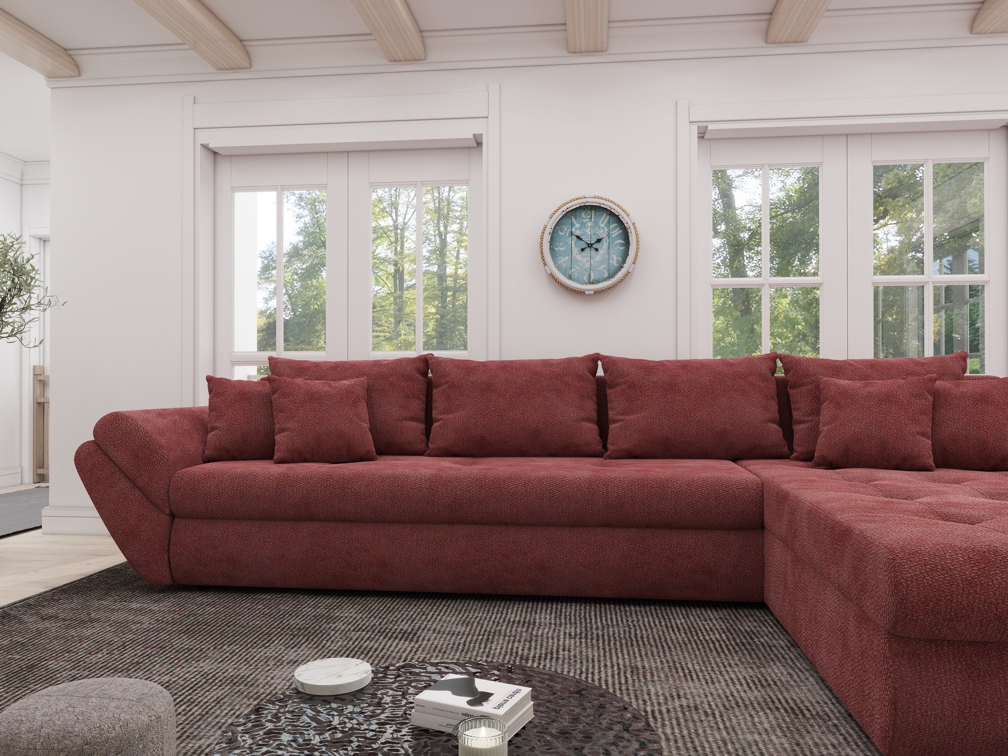 Colțar extensibil dumonde cu ladă de depozitare si sezut confortabil din spuma high-density, Loana XL Vibe Rosu II 335x185 cm