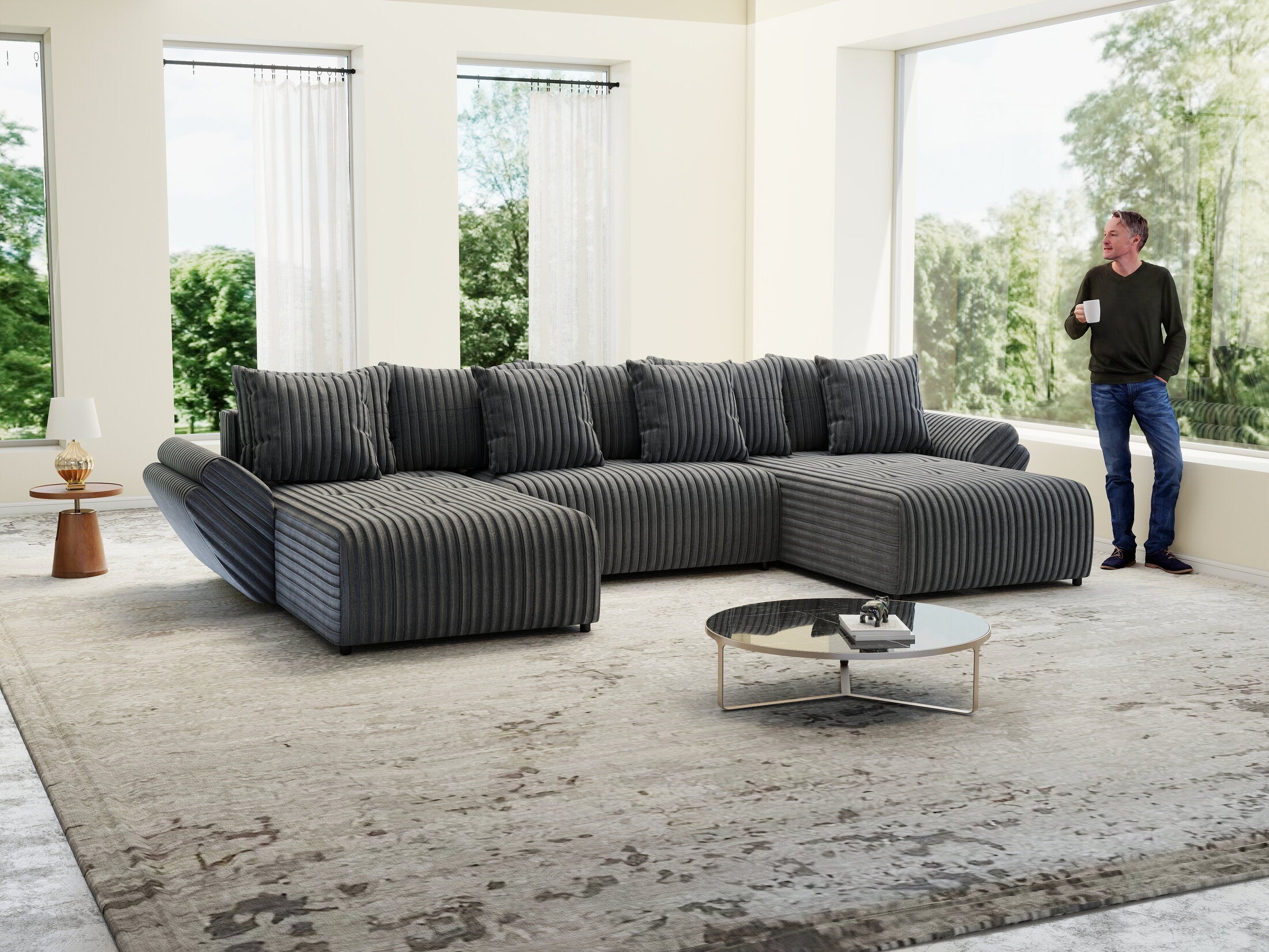 Colțar extensibil dumonde cu ladă de depozitare si sezut confortabil din spuma high-density, Berlin U Ambience Grey 380x180 cm