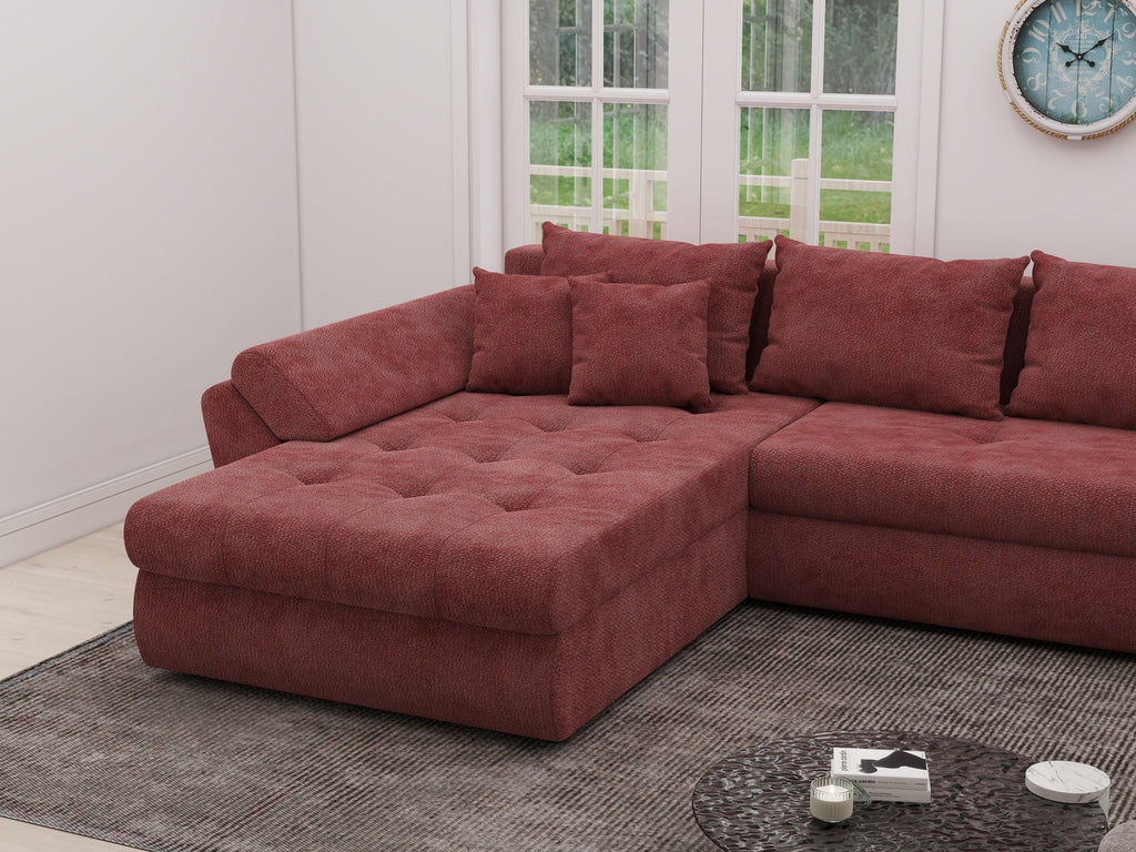 Colțar extensibil dumonde cu ladă de depozitare si sezut confortabil din spuma high-density, Loana XL Vibe Rosu 335x185 cm