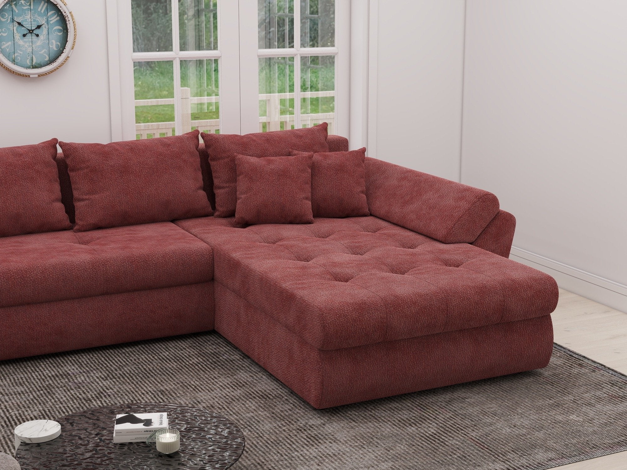 Colțar extensibil dumonde cu ladă de depozitare si sezut confortabil din spuma high-density, Loana XL Vibe Rosu II 335x185 cm