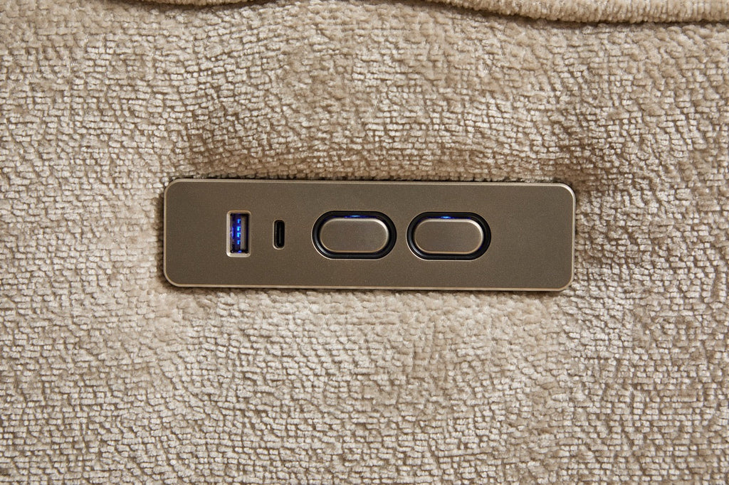 Coltar dumonde cu 3 reclinere electrice, incarcare USB, USB-C, tava, lumini de citit, suport pahare, textil, Vireon 317x347cm