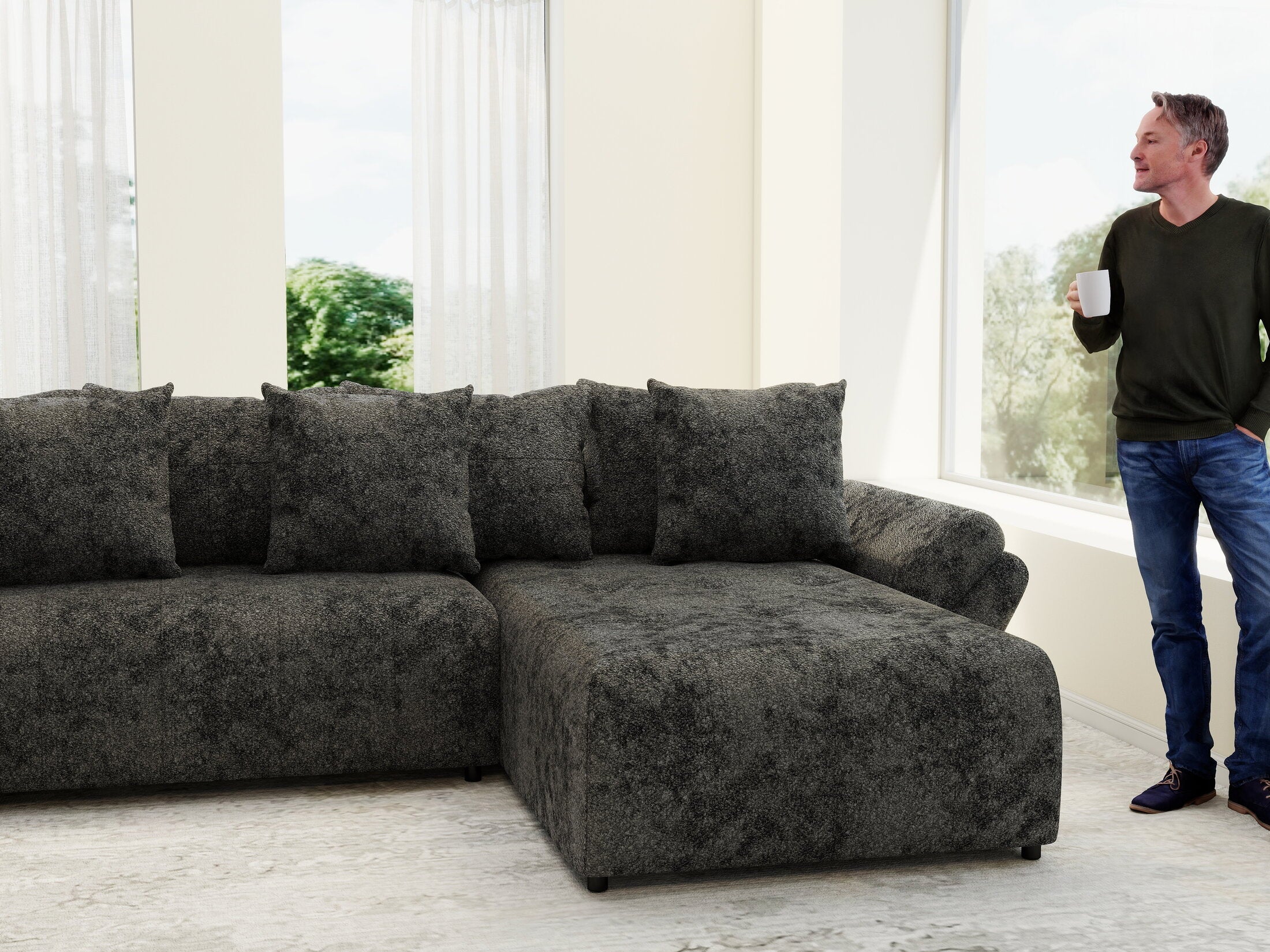 Colțar extensibil dumonde cu ladă de depozitare si sezut confortabil din spuma high-density, Berlin U Euphoria Dark Grey 380x180 cm