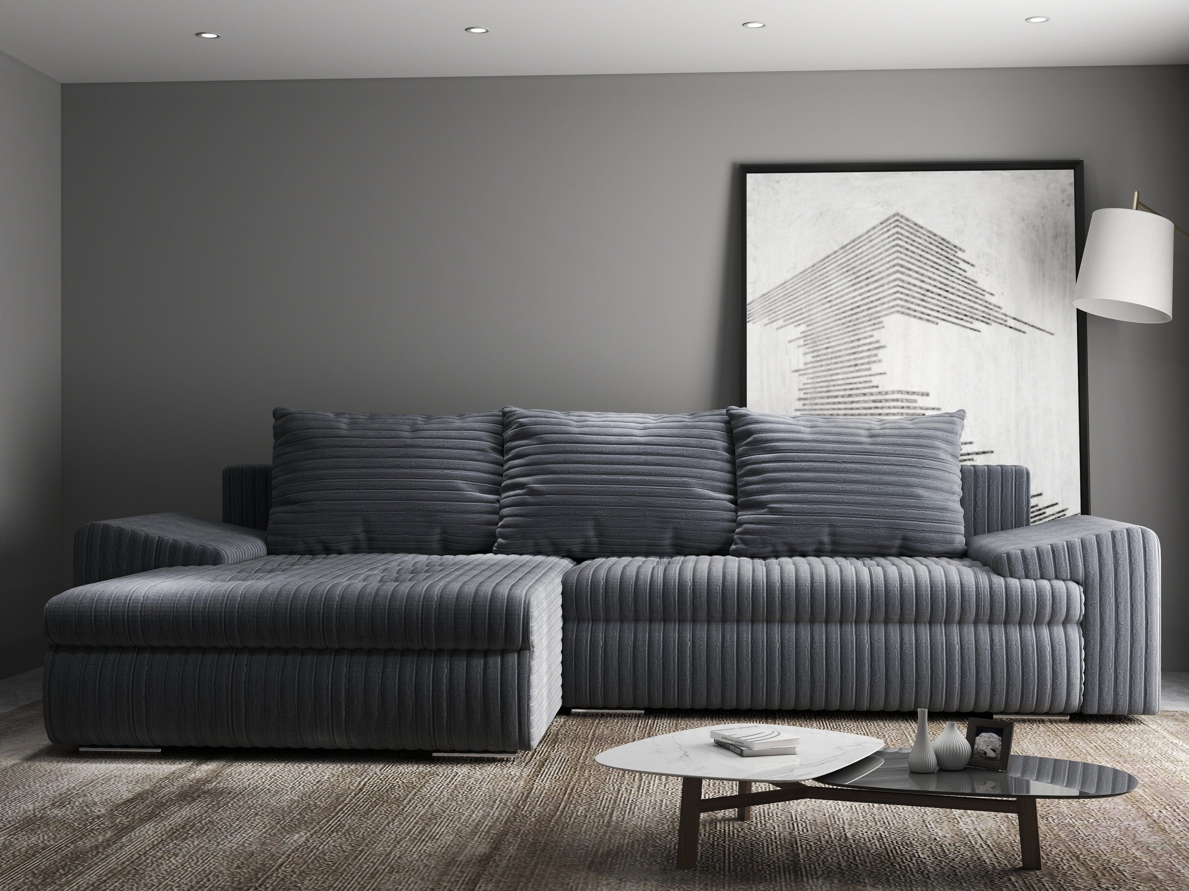 Colțar extensibil dumonde cu ladă de depozitare si sezut confortabil din spuma high-density, Leonardo Ambience Gri 260x185 cm