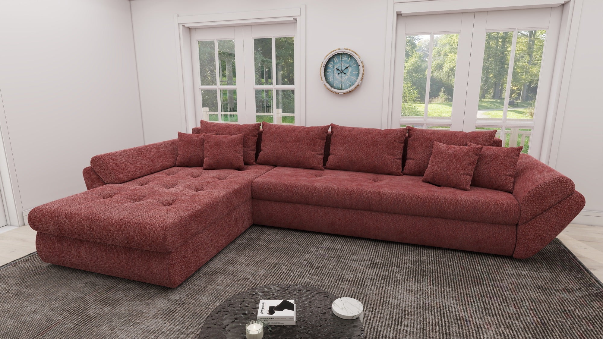 Colțar extensibil dumonde cu ladă de depozitare si sezut confortabil din spuma high-density, Loana XL Vibe Rosu 335x185 cm