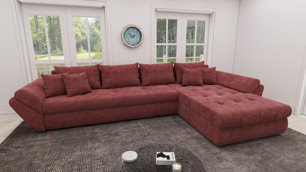 Colțar extensibil dumonde cu ladă de depozitare si sezut confortabil din spuma high-density, Loana XL Vibe Rosu II 335x185 cm