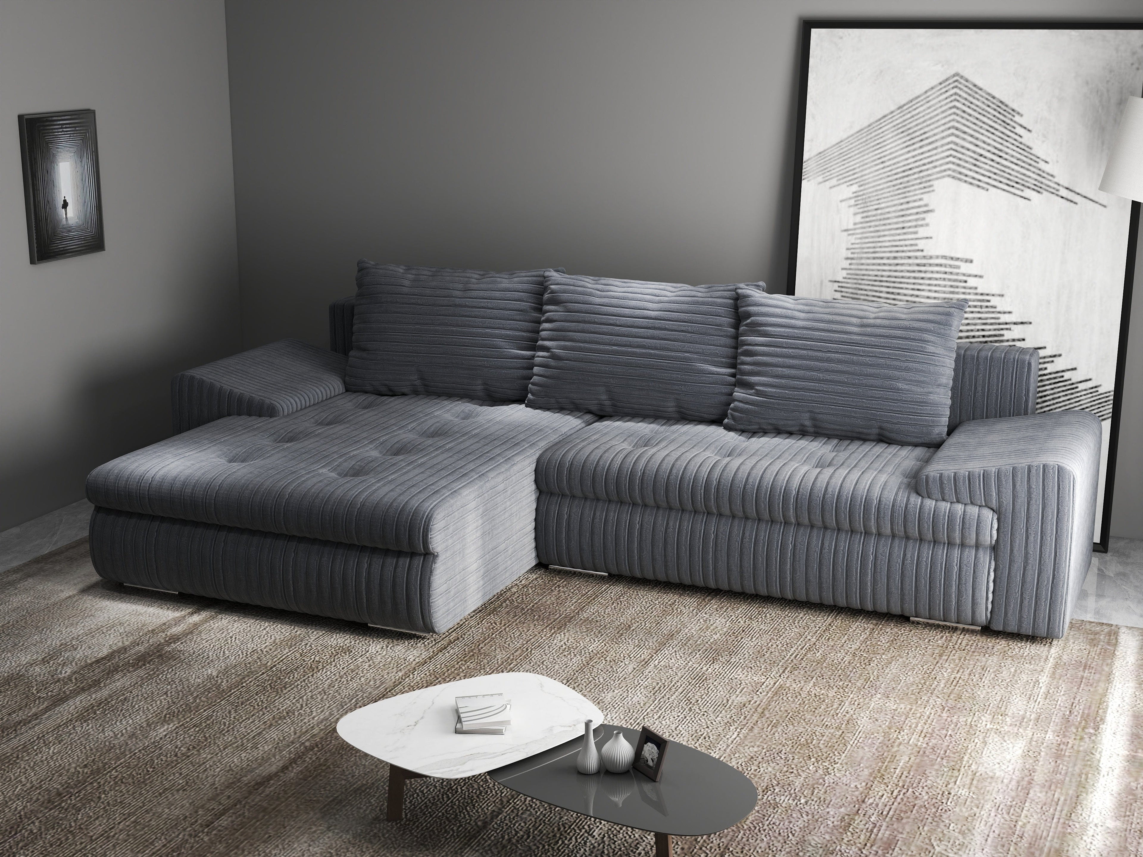 Colțar extensibil dumonde cu ladă de depozitare si sezut confortabil din spuma high-density, Leonardo Ambience Gri 260x185 cm