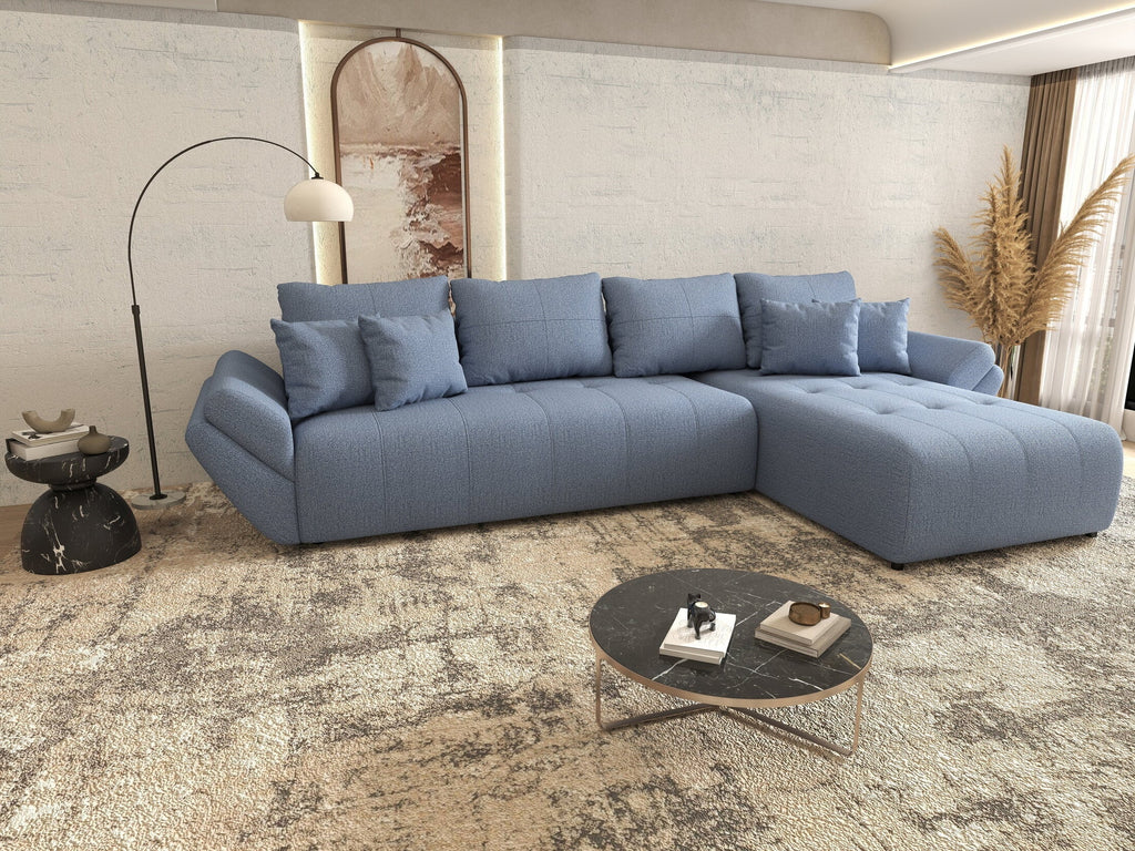 Colțar extensibil dumonde cu ladă de depozitare si sezut confortabil din spuma high-density, Berlin XL Enjoy Blue 350x185 cm II