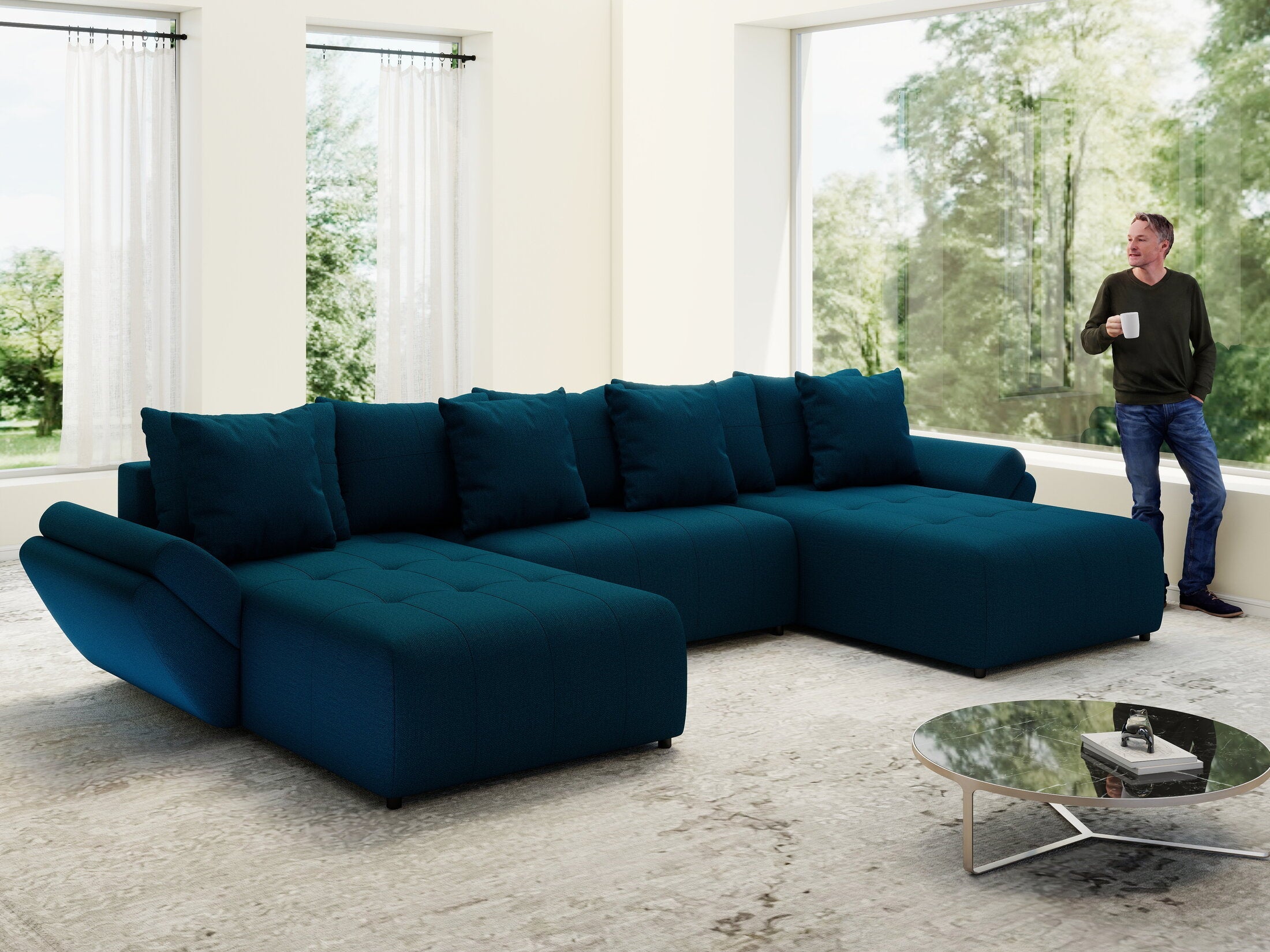 Colțar extensibil dumonde cu ladă de depozitare si sezut confortabil din spuma high-density, Berlin U Enjoy Petrol 380x180 cm