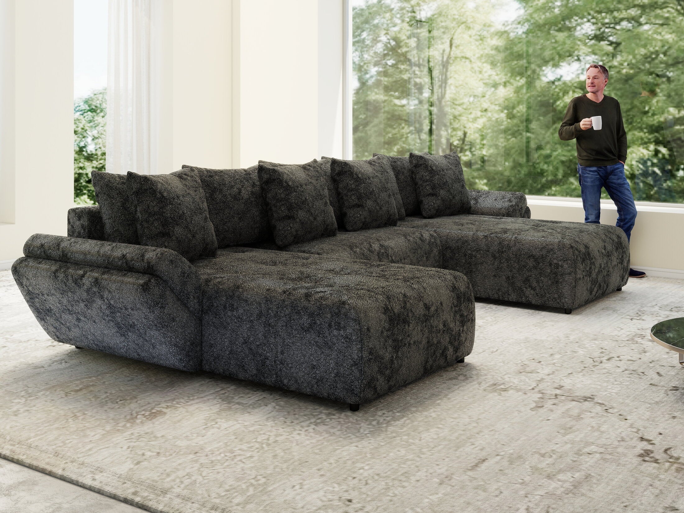 Colțar extensibil dumonde cu ladă de depozitare si sezut confortabil din spuma high-density, Berlin U Euphoria Dark Grey 380x180 cm