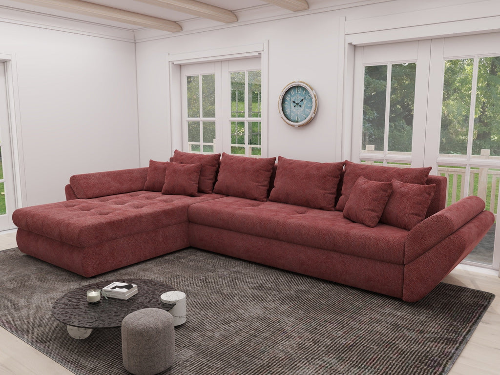 Colțar extensibil dumonde cu ladă de depozitare si sezut confortabil din spuma high-density, Loana XL Vibe Rosu 335x185 cm