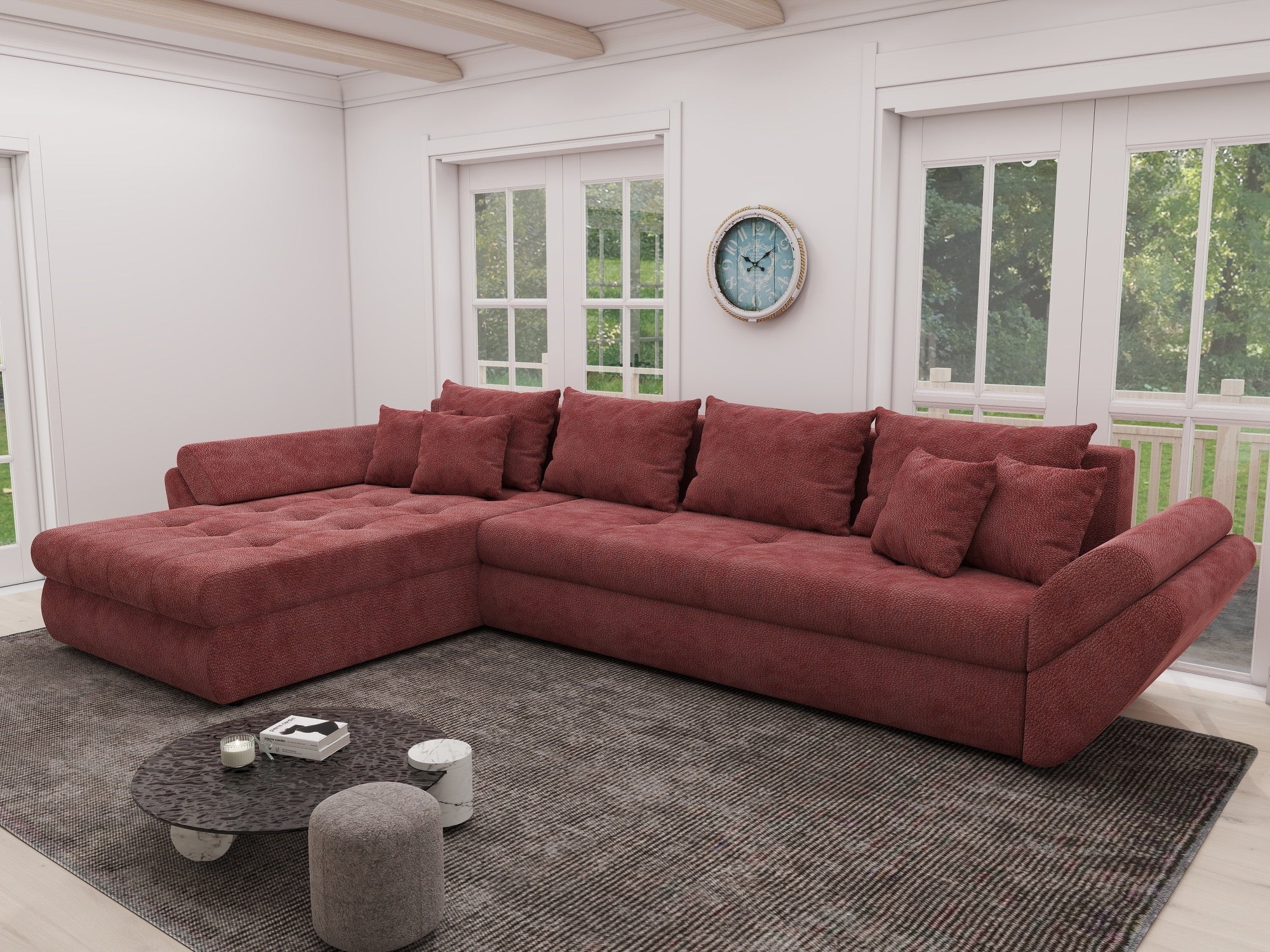 Colțar extensibil dumonde cu ladă de depozitare si sezut confortabil din spuma high-density, Loana XL Vibe Rosu 335x185 cm