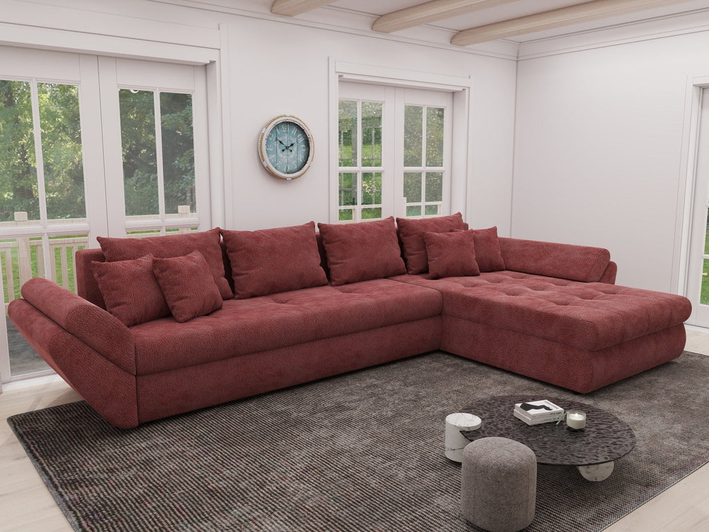 Colțar extensibil dumonde cu ladă de depozitare si sezut confortabil din spuma high-density, Loana XL Vibe Rosu II 335x185 cm