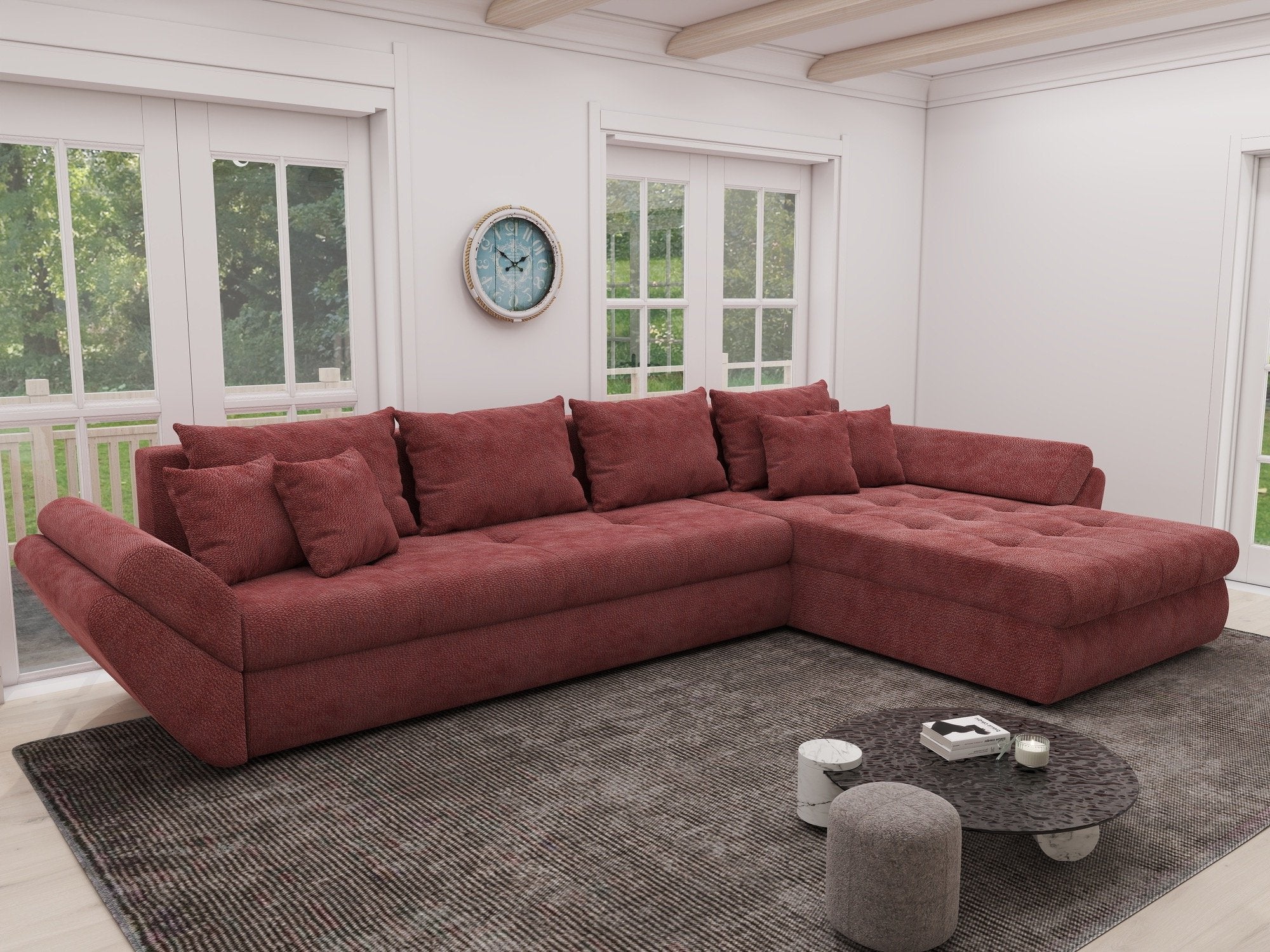 Colțar extensibil dumonde cu ladă de depozitare si sezut confortabil din spuma high-density, Loana XL Vibe Rosu II 335x185 cm