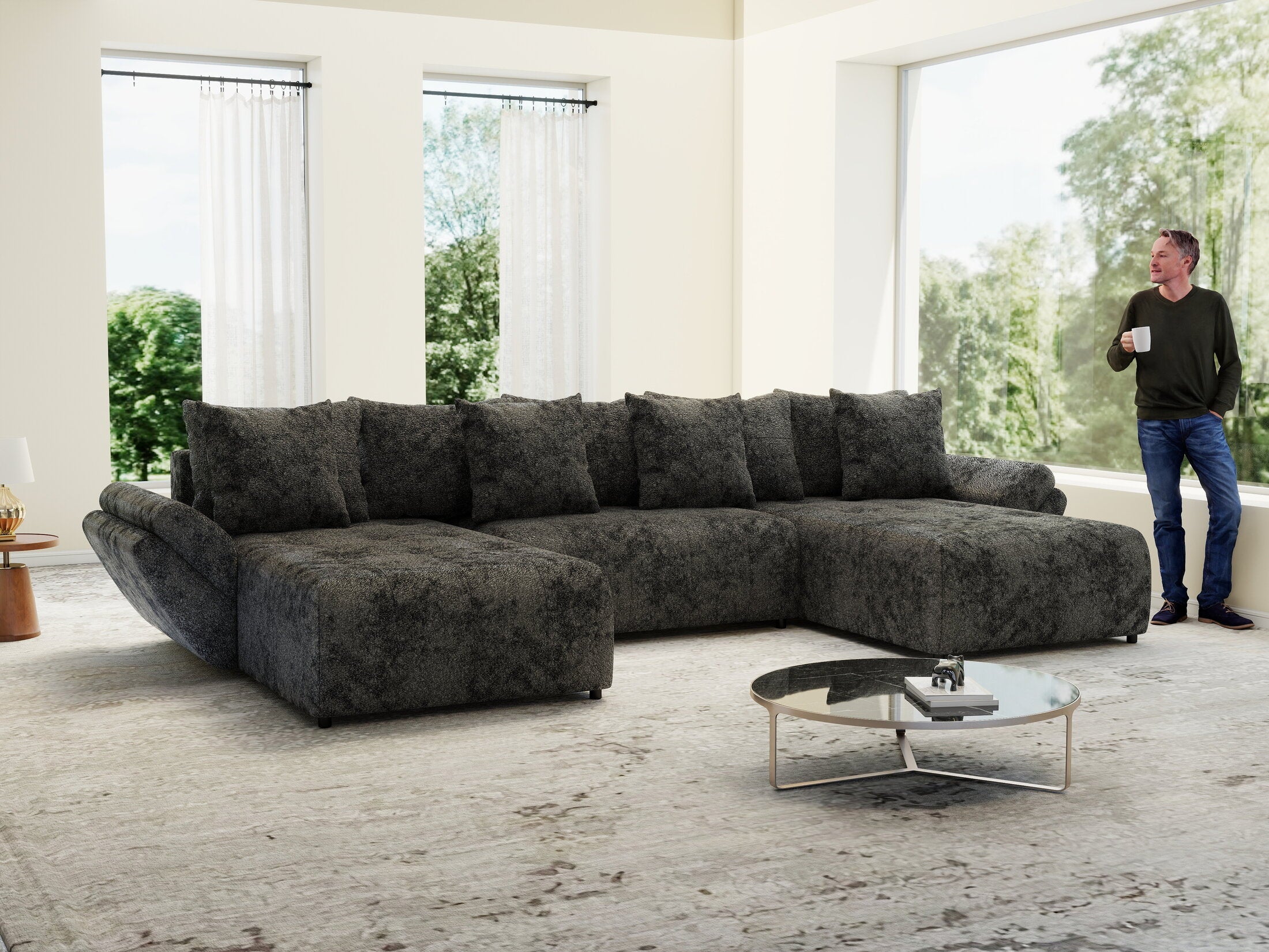 Colțar extensibil dumonde cu ladă de depozitare si sezut confortabil din spuma high-density, Berlin U Euphoria Dark Grey 380x180 cm