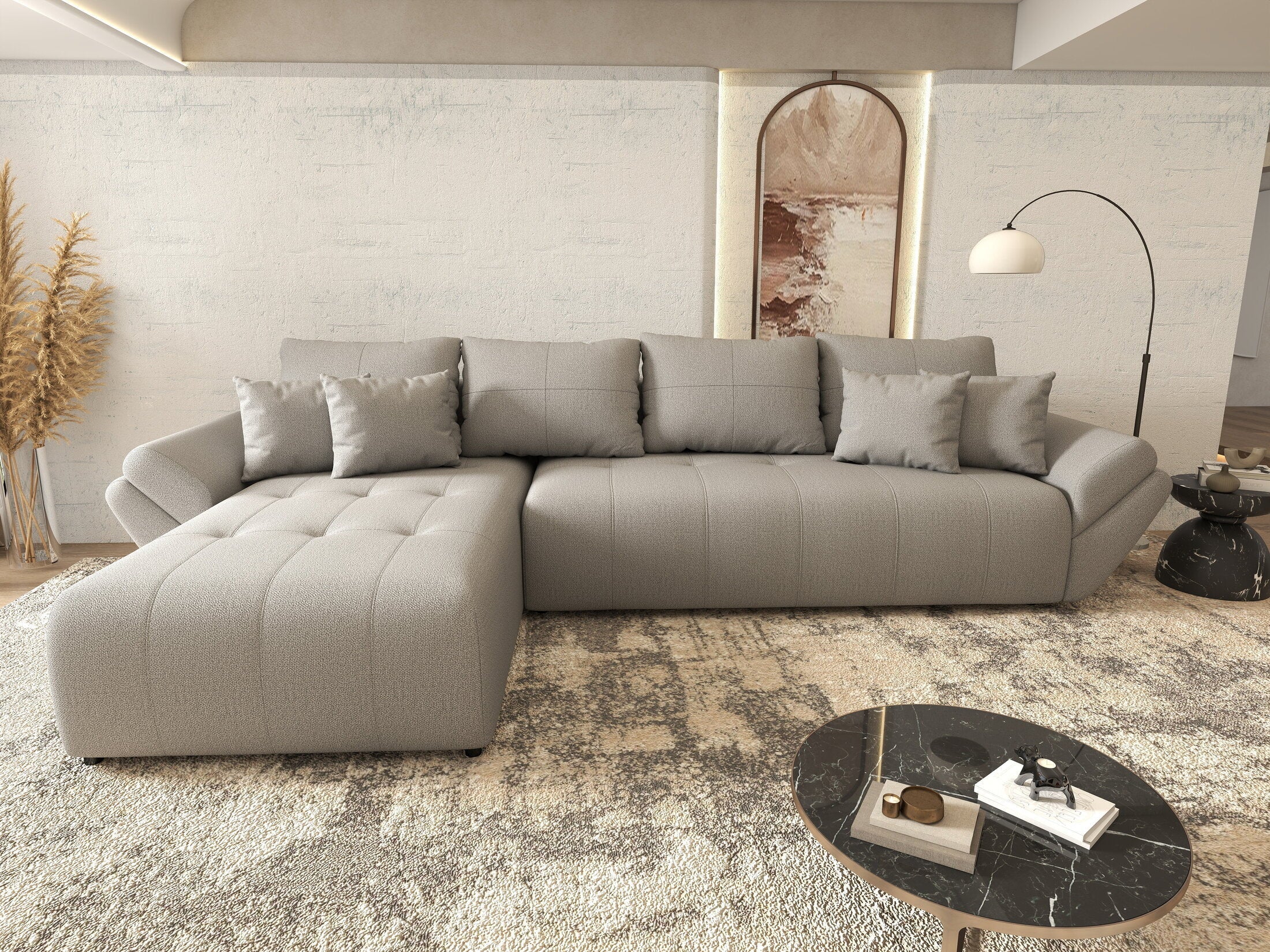 Colțar extensibil dumonde cu ladă de depozitare si sezut confortabil din spuma high-density, Berlin XL Enjoy Grey 350x185 cm