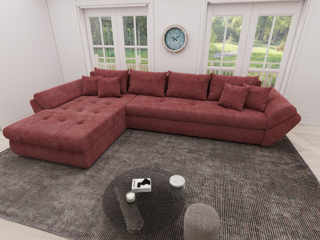 Colțar extensibil dumonde cu ladă de depozitare si sezut confortabil din spuma high-density, Loana XL Vibe Rosu 335x185 cm