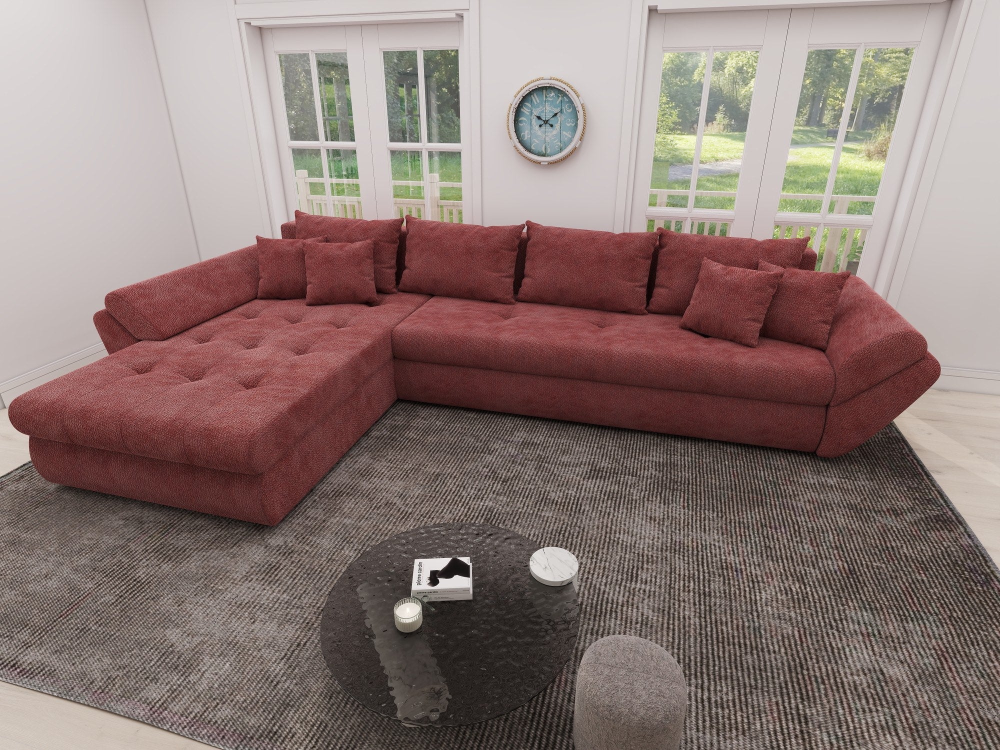 Colțar extensibil dumonde cu ladă de depozitare si sezut confortabil din spuma high-density, Loana XL Vibe Rosu 335x185 cm