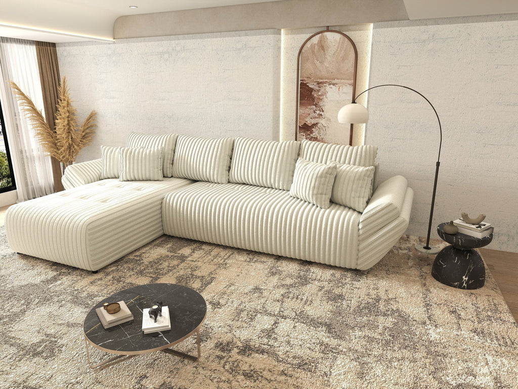 Colțar extensibil dumonde cu ladă de depozitare si sezut confortabil din spuma high-density, Berlin XL Ambience Ivory 350x185 cm
