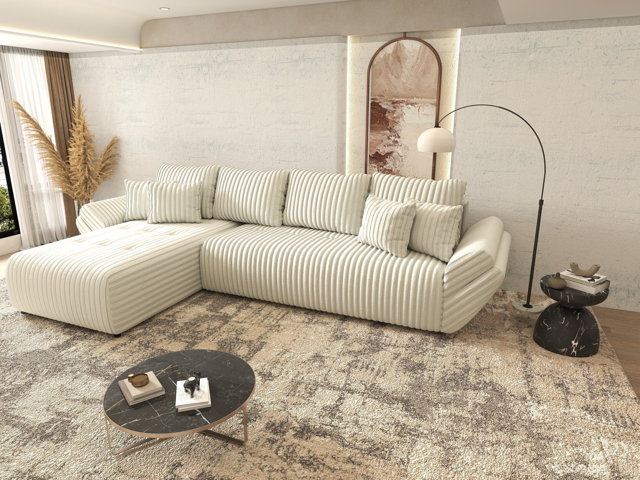 Colțar extensibil dumonde cu ladă de depozitare si sezut confortabil din spuma high-density, Berlin XL Ambience Ivory 350x185 cm
