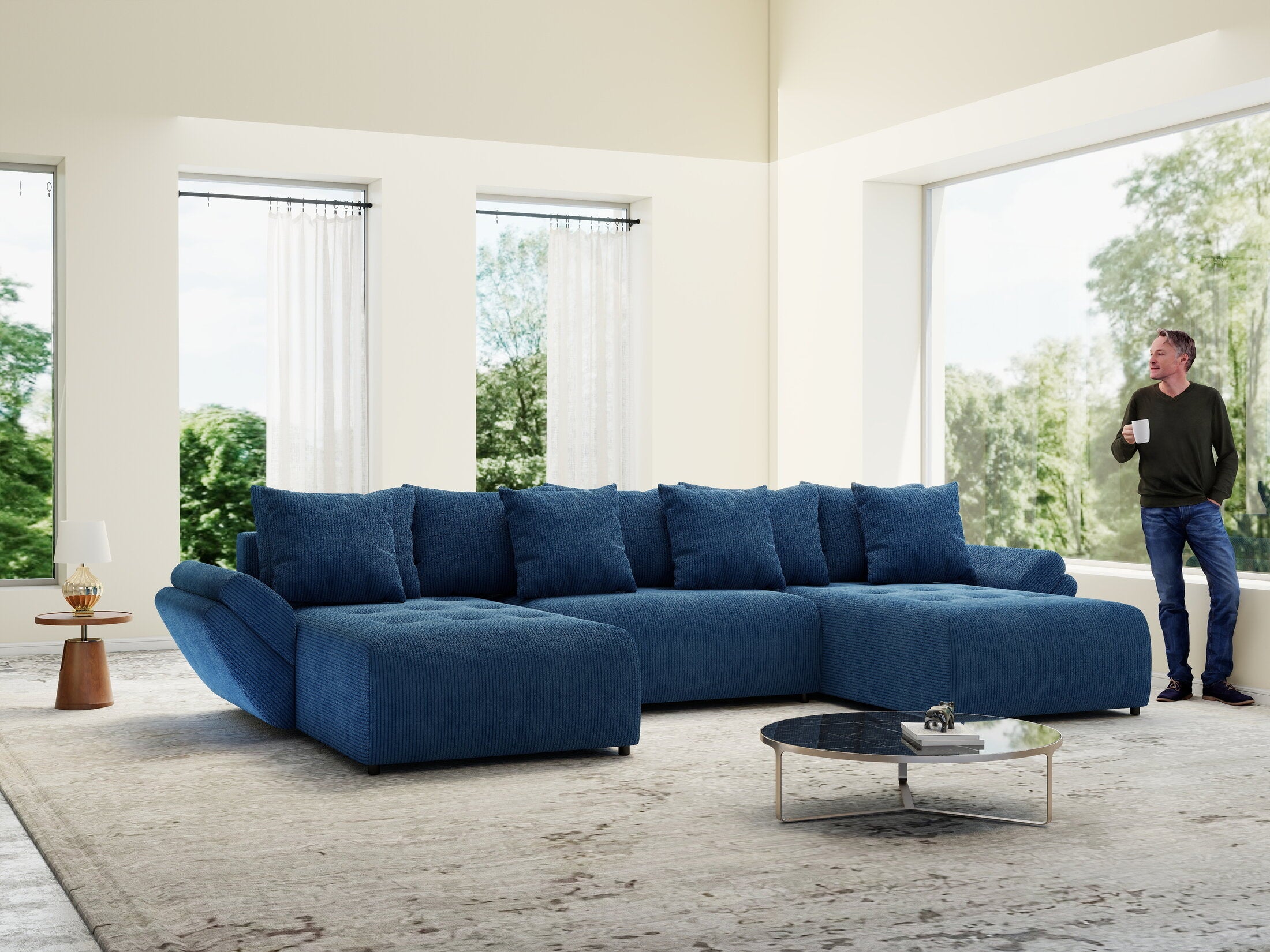 Colțar extensibil dumonde cu ladă de depozitare si sezut confortabil din spuma high-density, Berlin U Zoom Blue 380x180 cm