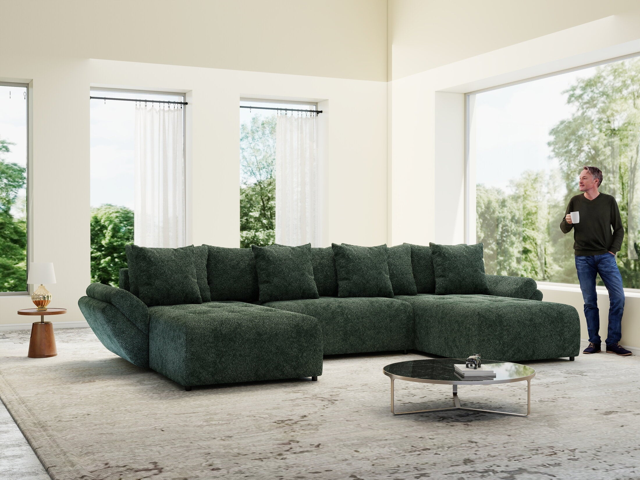 Colțar extensibil dumonde cu ladă de depozitare si sezut confortabil din spuma high-density, Berlin U Euphoria Verde 380x180 cm