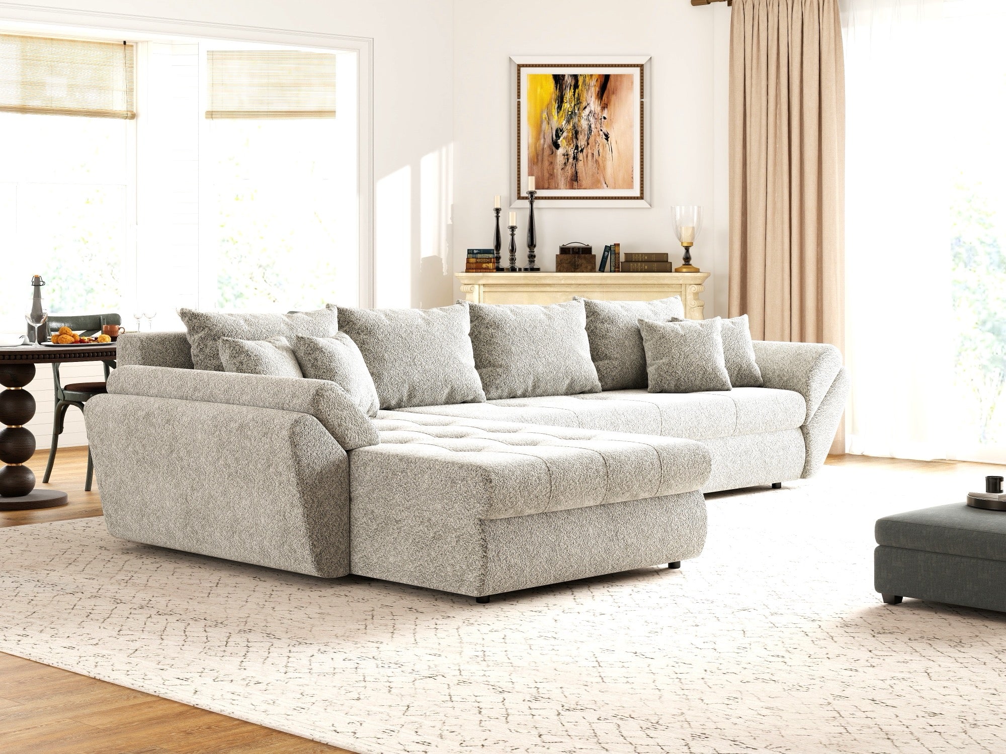 Colțar extensibil dumonde cu ladă de depozitare si sezut confortabil din spuma high-density, Loana XL Arena Bej 02 335x185 cm