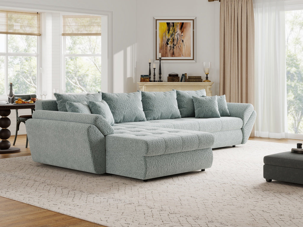 Colțar extensibil dumonde cu ladă de depozitare si sezut confortabil din spuma high-density, Loana XL Jaguar Verde Mint 335x185 cm