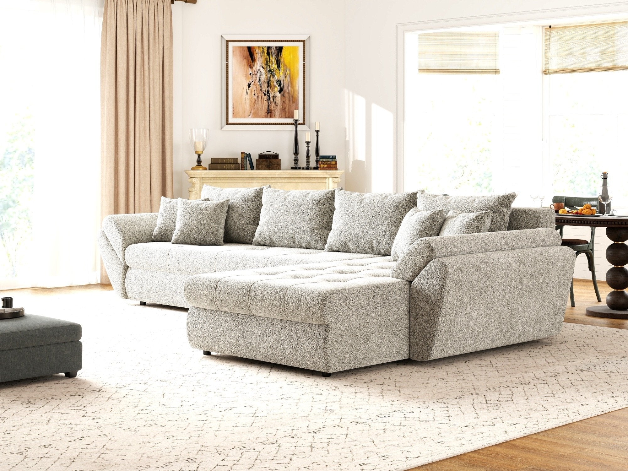 Colțar extensibil dumonde cu ladă de depozitare si sezut confortabil din spuma high-density, Loana XL Arena Bej 02 II 335x185 cm