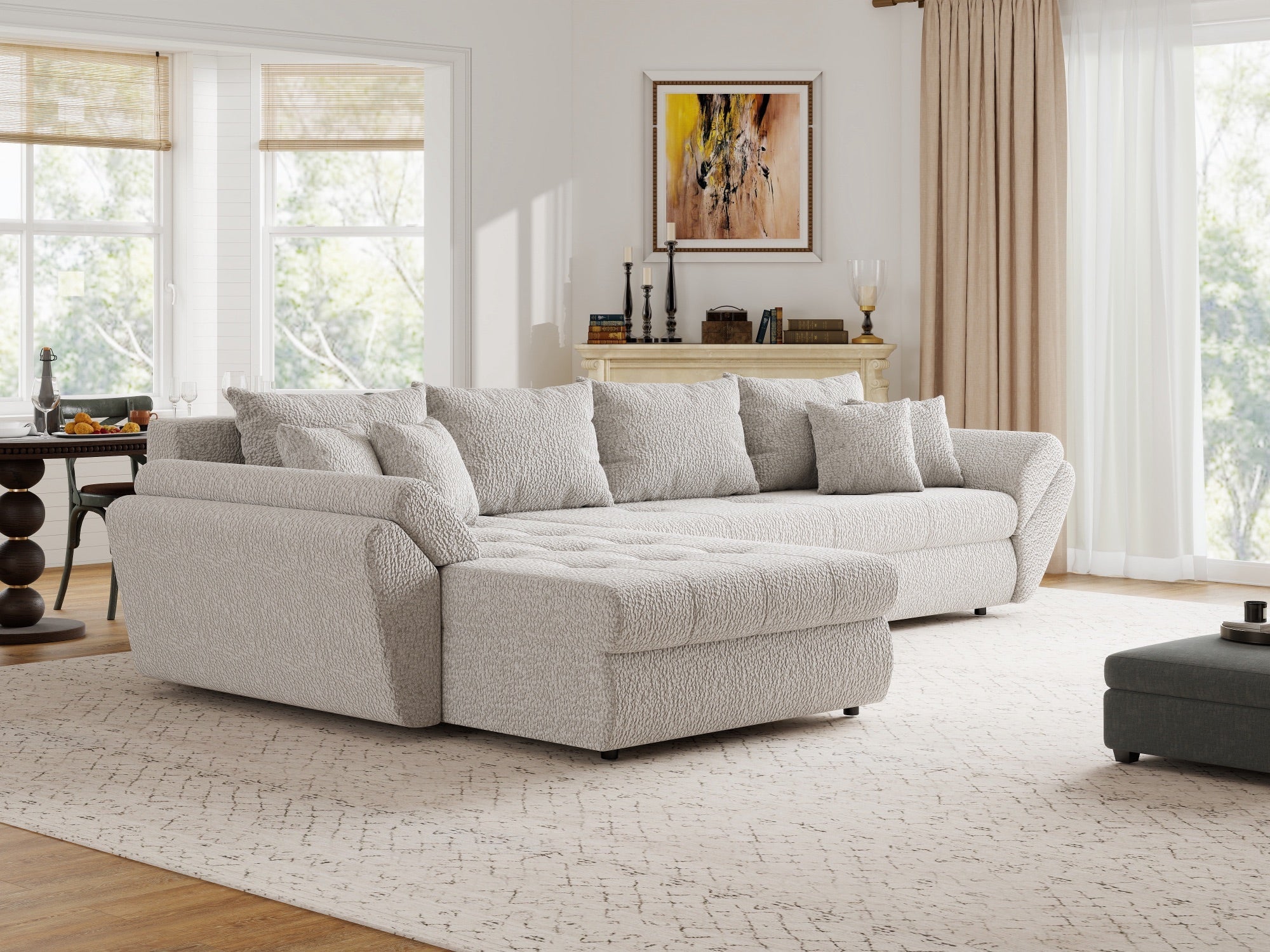 Colțar extensibil dumonde cu ladă de depozitare si sezut confortabil din spuma high-density, Loana XL Jaguar Gri 335x185 cm
