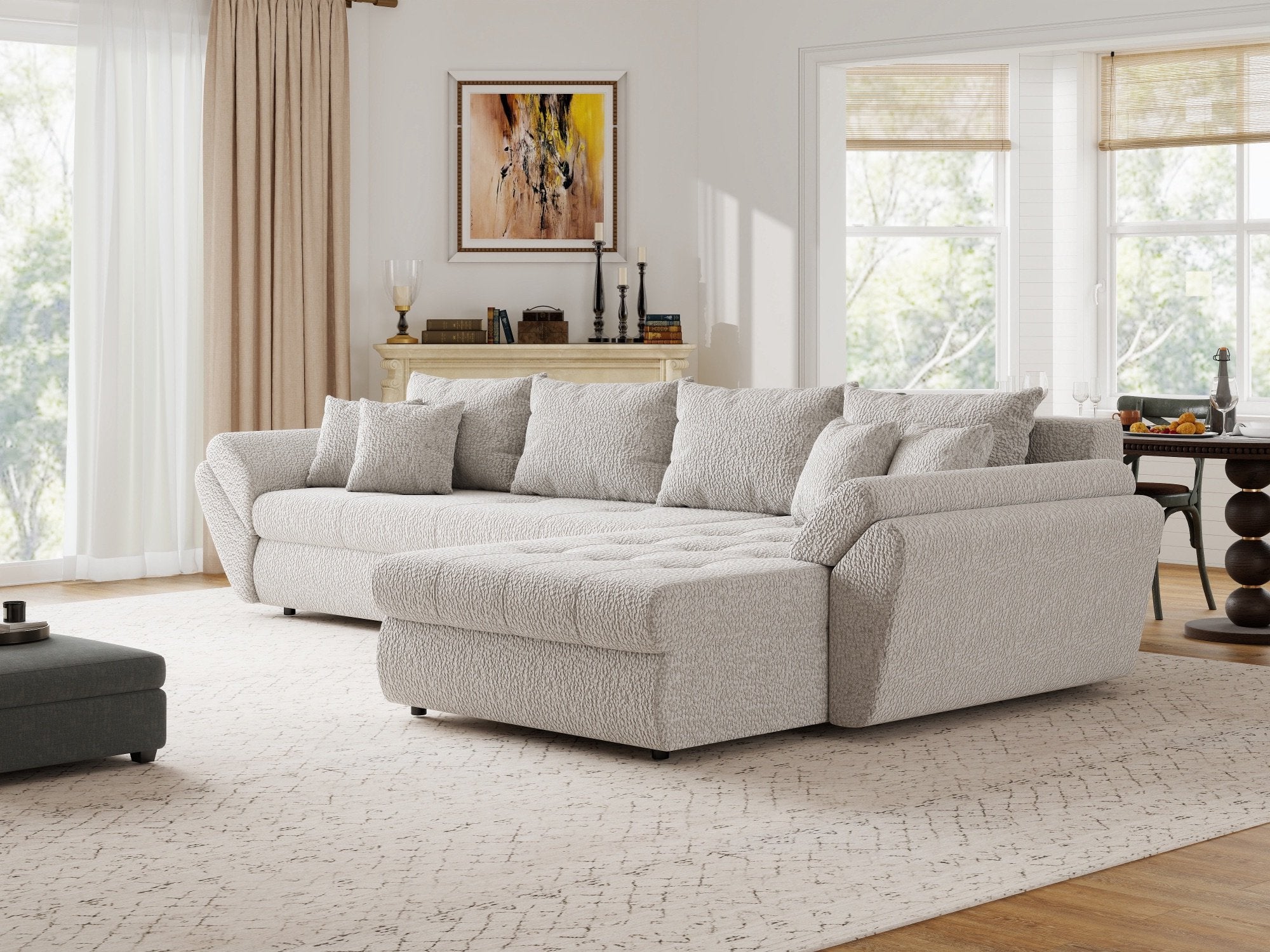 Colțar extensibil dumonde cu ladă de depozitare si sezut confortabil din spuma high-density, Loana XL Jaguar Gri II 335x185 cm