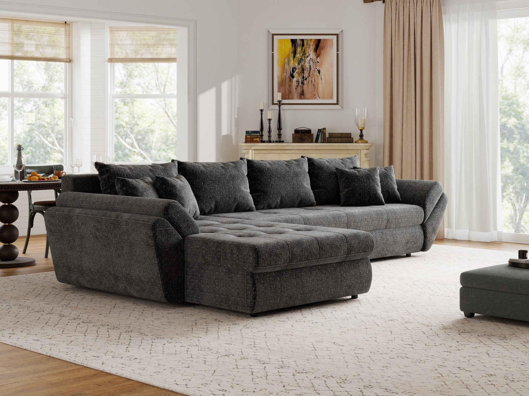 Colțar extensibil dumonde cu ladă de depozitare si sezut confortabil din spuma high-density, Loana XL Cremona Gri Antracit 335x185 cm