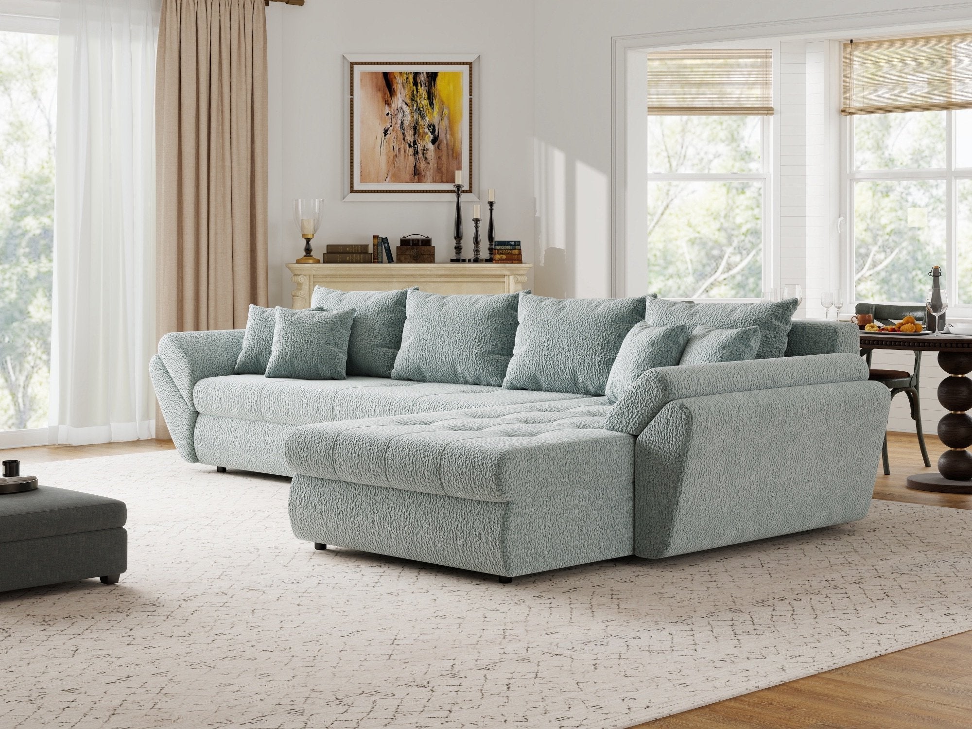 Colțar extensibil dumonde cu ladă de depozitare si sezut confortabil din spuma high-density, Loana XL Jaguar Verde Mint II 335x185 cm