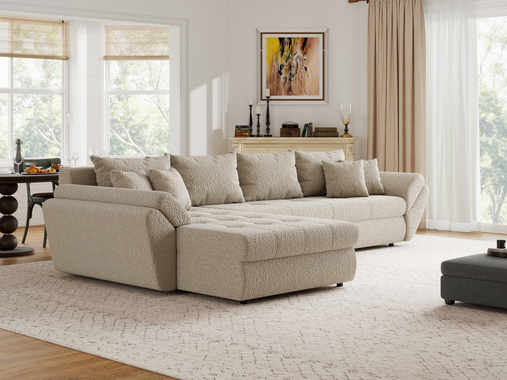 Colțar extensibil dumonde cu ladă de depozitare si sezut confortabil din spuma high-density, Loana XL Jaguar Bej 335x185 cm