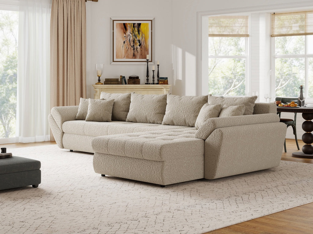 Colțar extensibil dumonde cu ladă de depozitare si sezut confortabil din spuma high-density, Loana XL Jaguar Bej II 335x185 cm